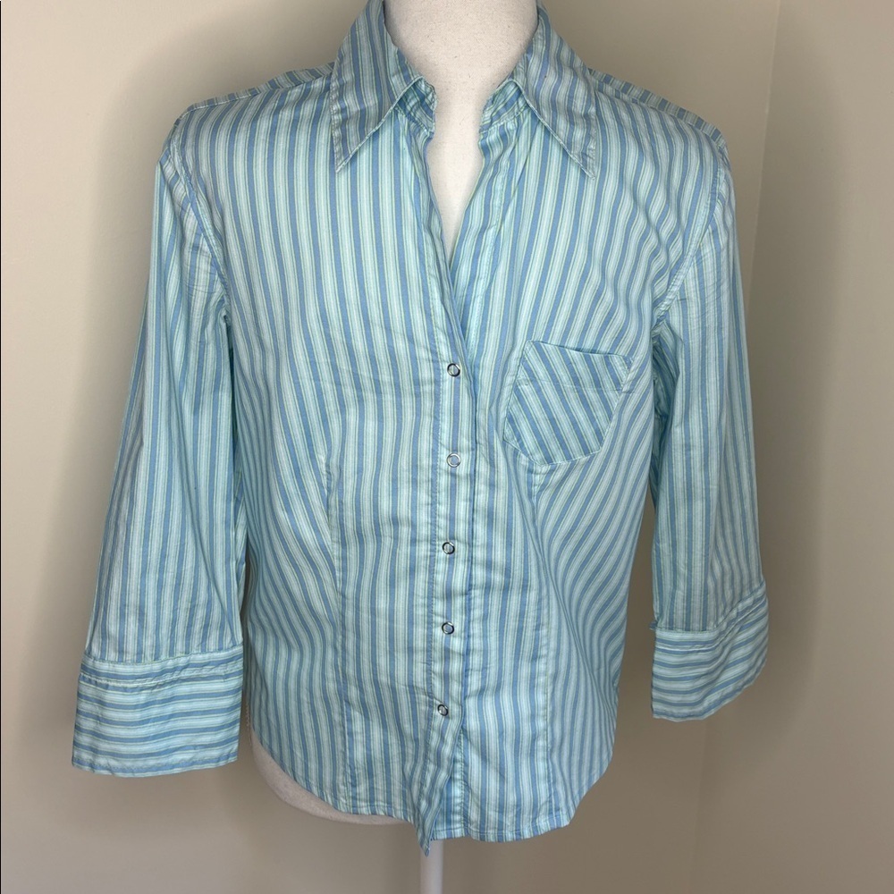 At Last Light Blue Striped Button Down Shirt Buckle Cuffs. Large